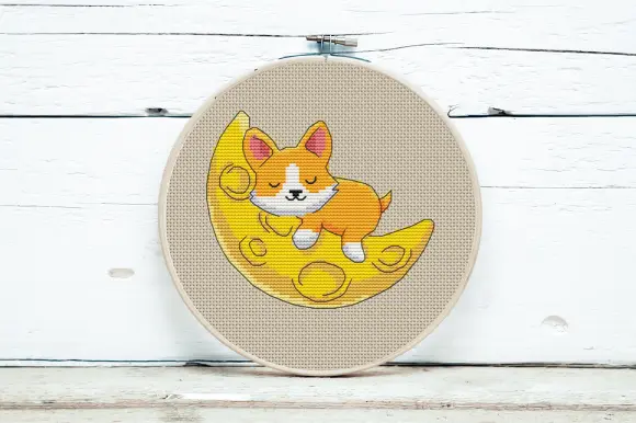 Cute Corgi Dog Sleeping On the Moon - Cross Stitch Pattern